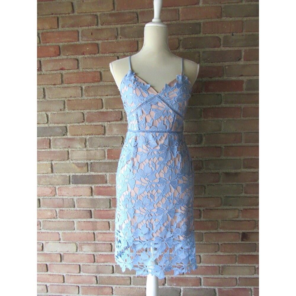 Baby Blue Floral Cut Out Sexy Cocktail Dress Nude Slip Womens S USA Love...Ady